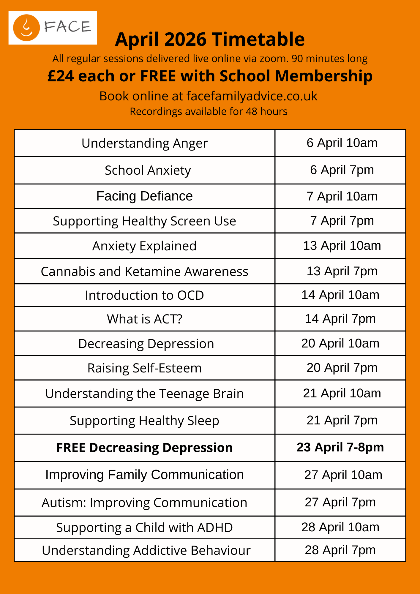 April 2026 timetable
